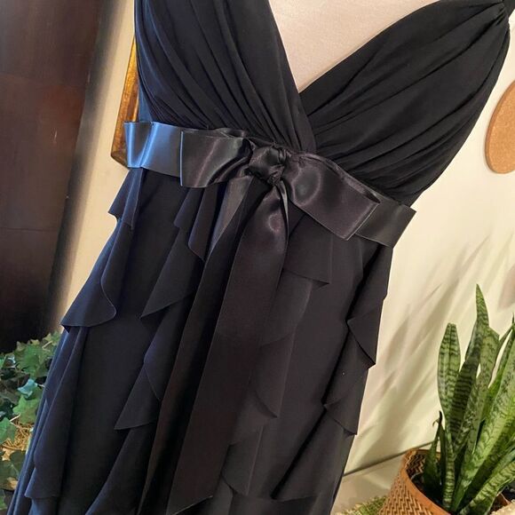 Betsy & Adam Black Satin Bow & Flutter Skirt Cocktail Dress - Picture 2 of 9